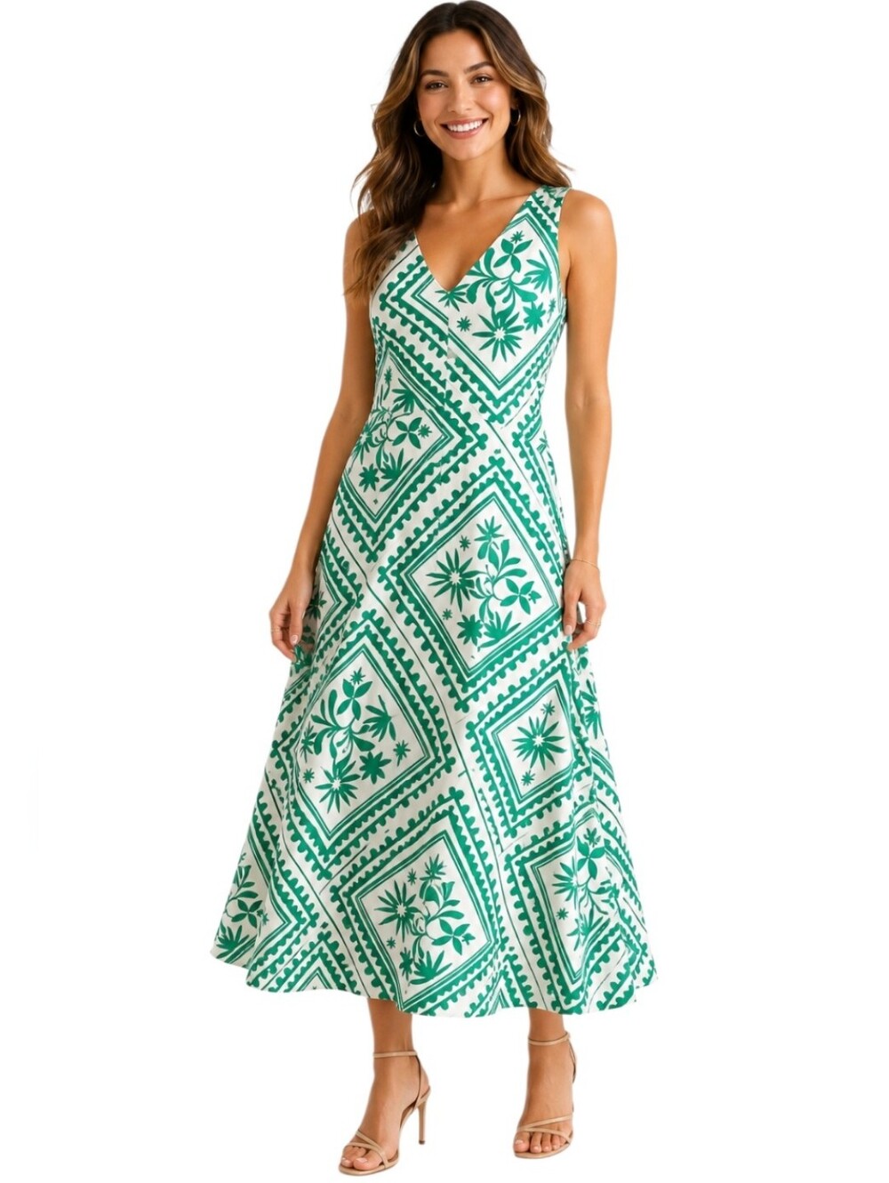 Mon Renn Green White Geometric Maxi Dress Sleeveless V-Neck Lined AUS 12 USA L